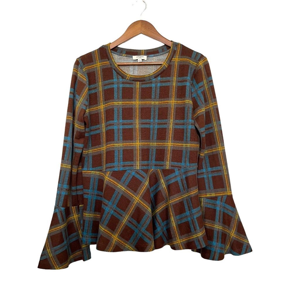 Umgee Peplum‎ Top Women Large Brown Blue Plaid Bell Sleeve Boho Academia Casual